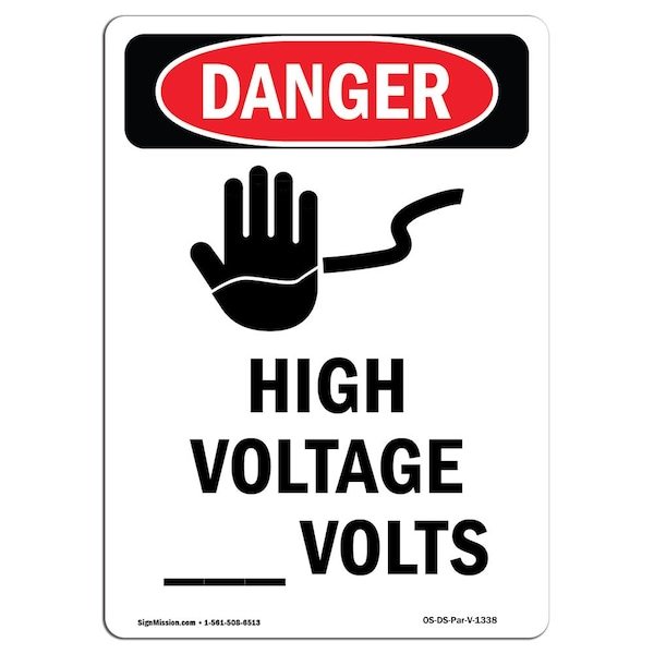 Safety Sign, OSHA Danger, 5" Height, High Voltage Volts, Portrait, 10PK